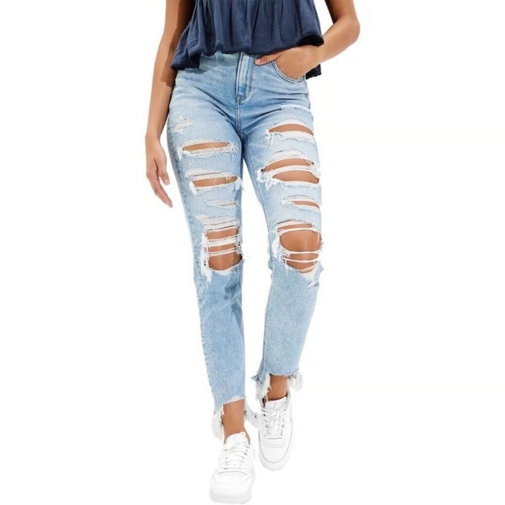 American Eagle Destructed Mom Jeans Size 4 High Rise Frayed Hem Denim Stretch
